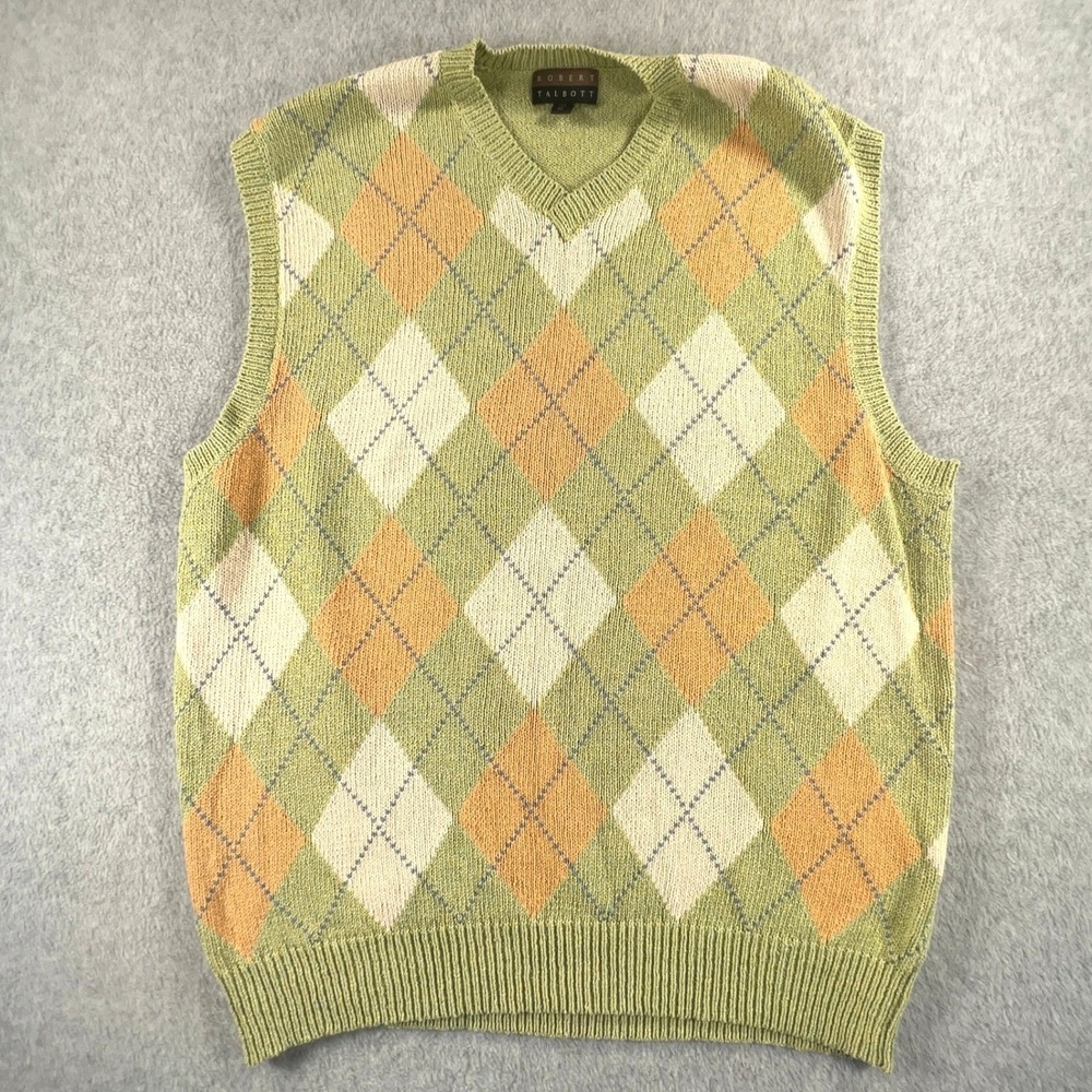 Robert‎ Talbott Mens XL Argyle Sweater Vest Green Orange Silk Cotton V-Neck Knit